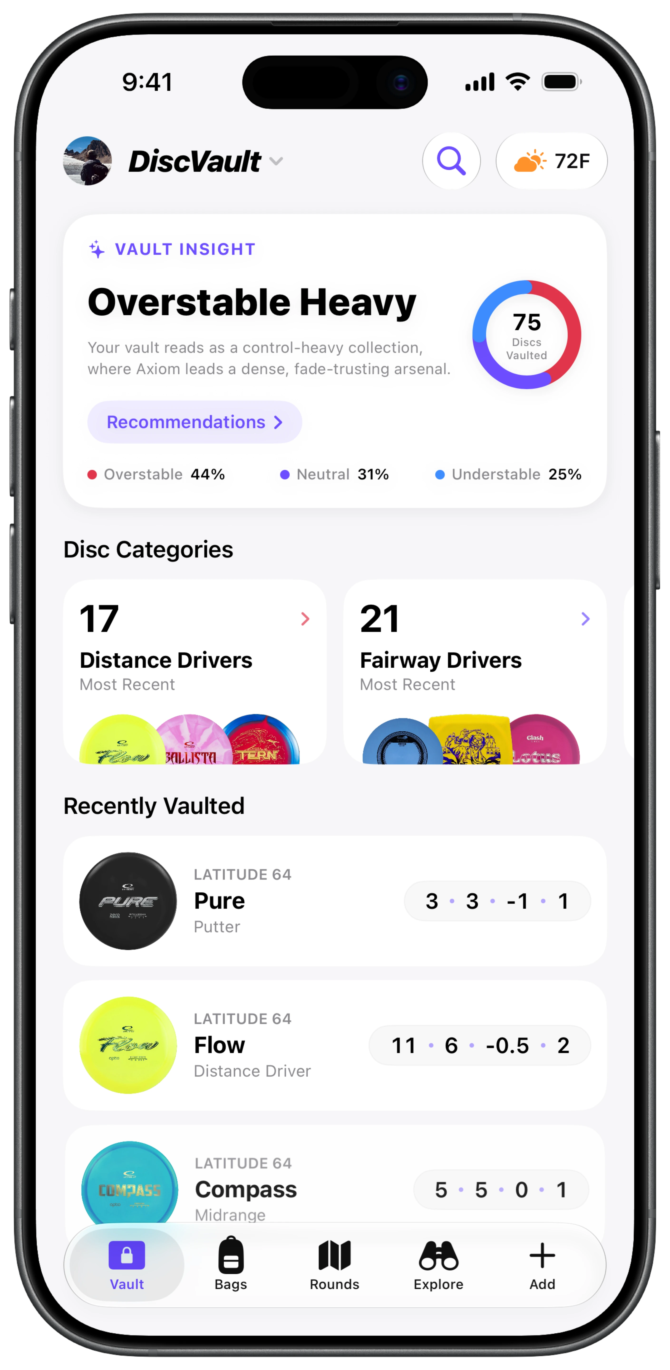 The DiscVault app's Vault tab
